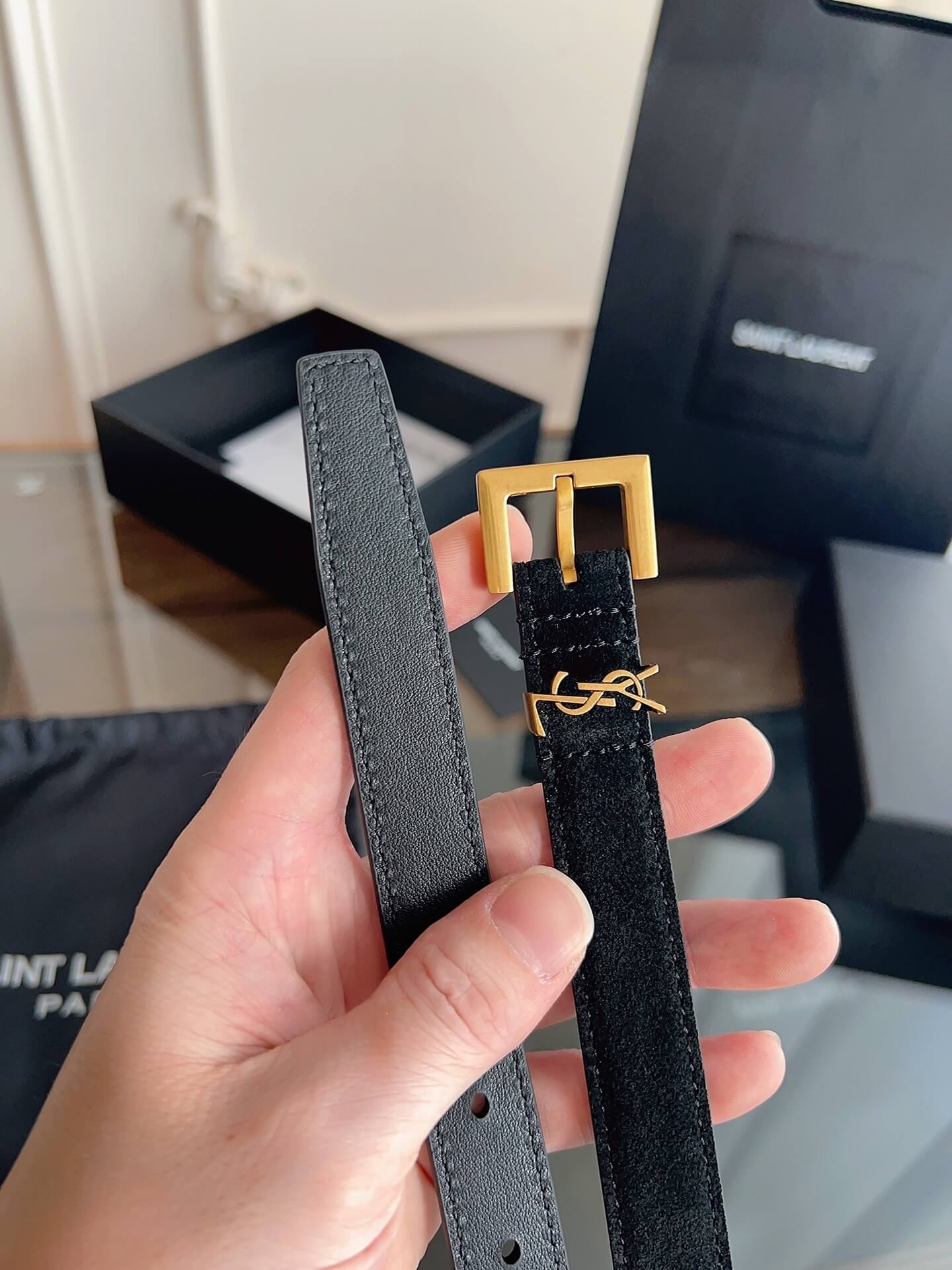 Saint Laurent Women's Cassandre Thin Belt in Smooth Black Leather - Gold YSL Logo