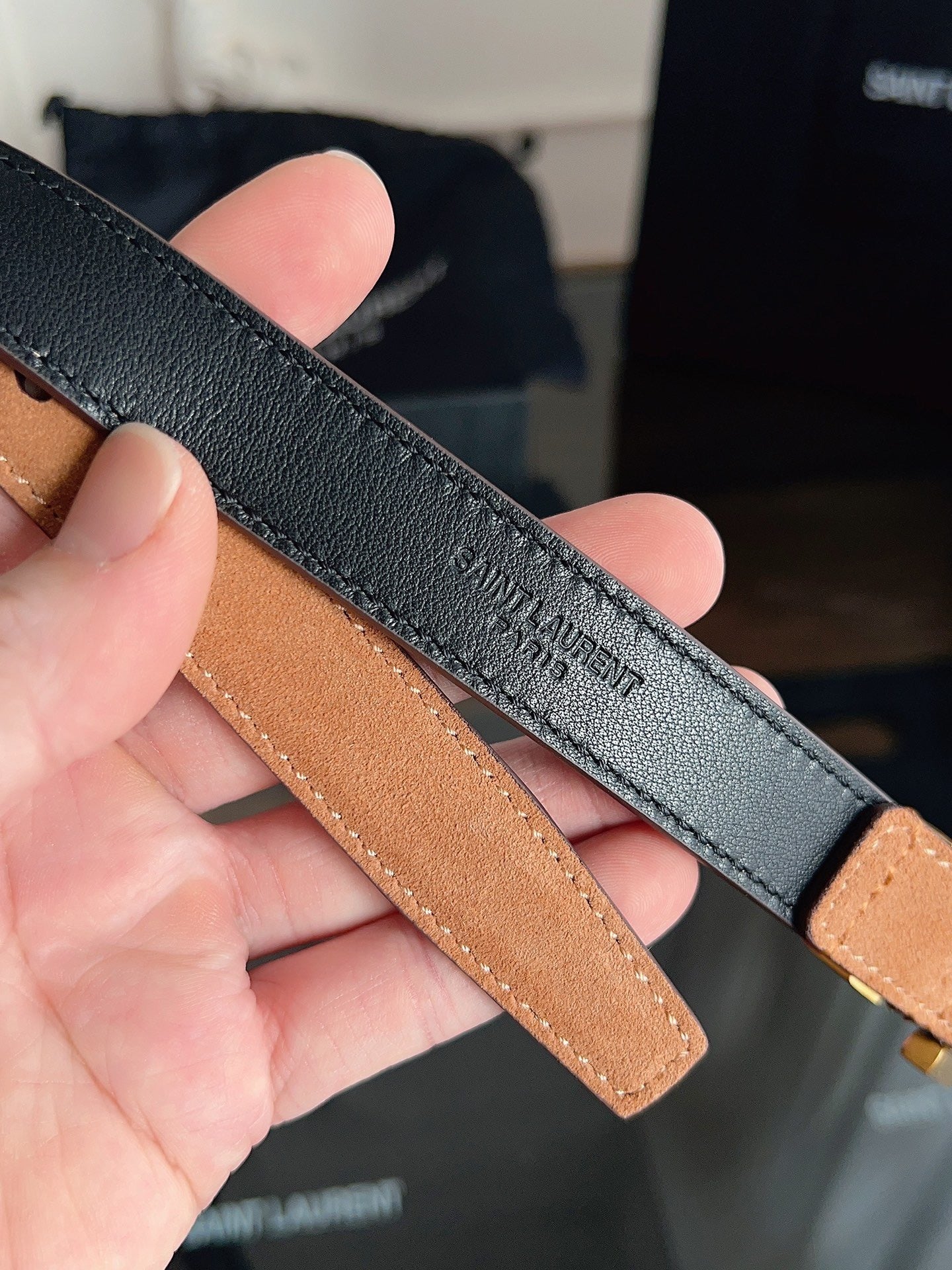 Saint Laurent Women's Cassandre Thin Belt in Tan Suede
