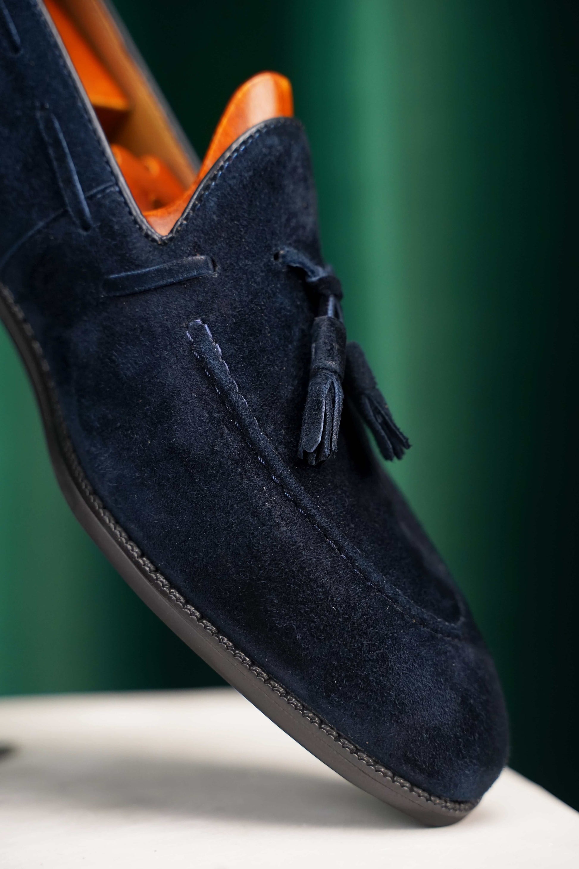 Handcrafted Sapphire Navy Tassel Suede Loafer – close-up of the tassel and soft navy suede texture, emphasizing classic character and refined finish.