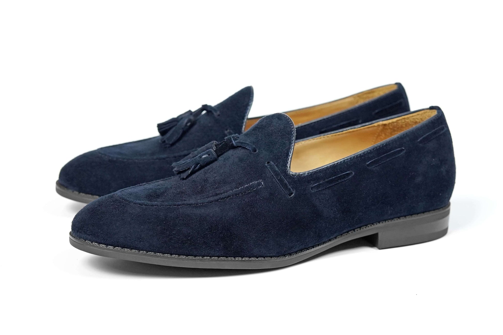 Handcrafted Sapphire Navy Tassel Suede Loafers – pair on white background, highlighting rich navy suede and hand-cut tassels for refined finish.