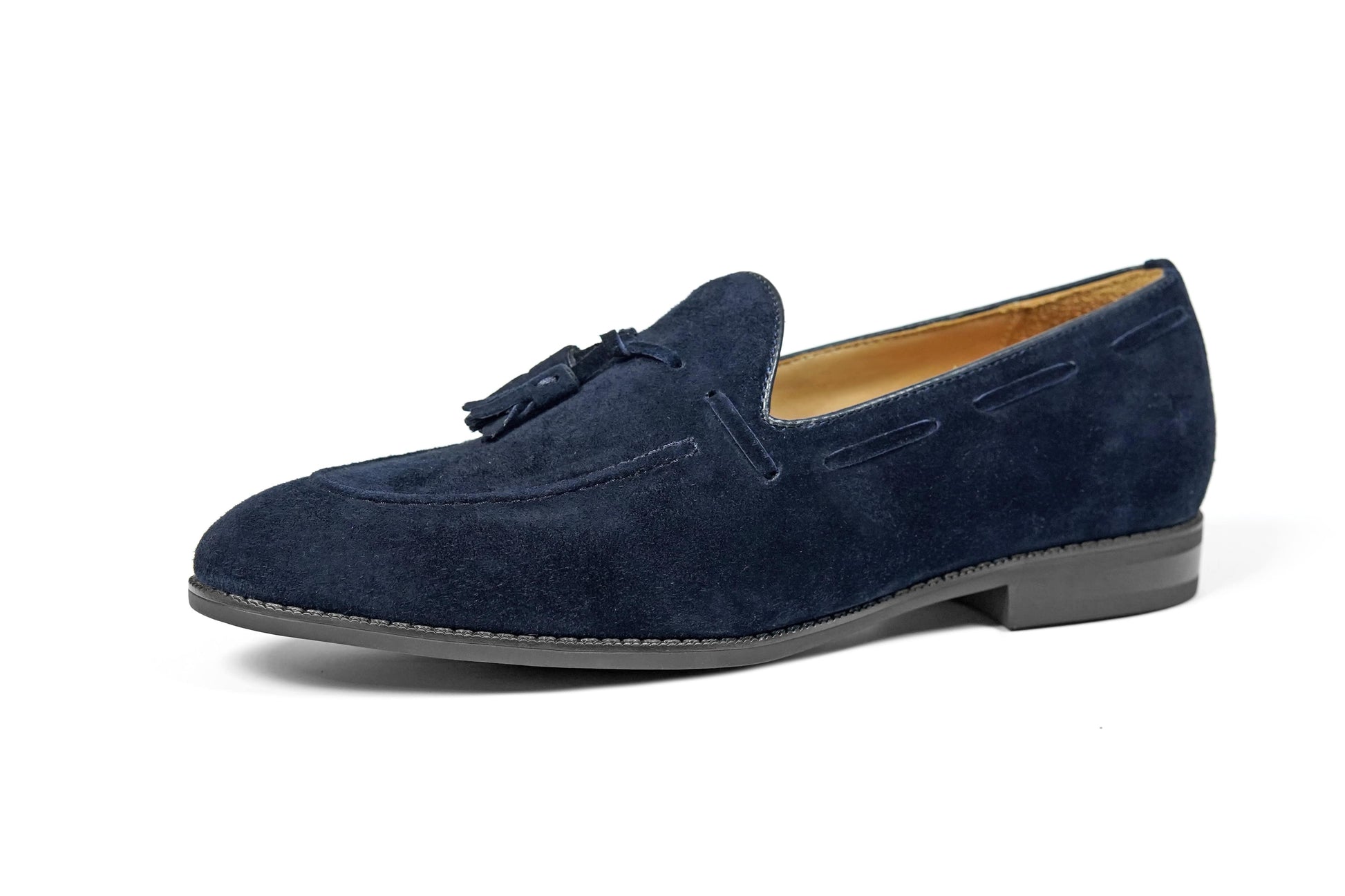 Handcrafted Sapphire Navy Tassel Suede Loafer – side view on white background, showcasing soft navy suede and classic tassel detail.