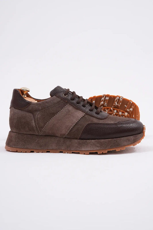 Terrain Rich Brown Suede & Leather Sneakers – top-down view of pair with shoe trees, highlighting the combination of smooth and suede textures and a dynamic look.