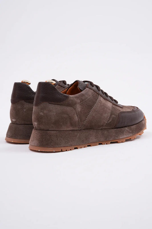 Terrain Rich Brown Suede & Leather Sneakers – pair from a back angle, showcasing smooth and suede textures and a chunky brown EVA sole.