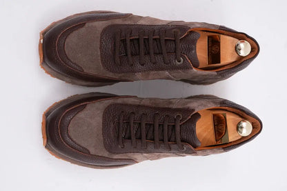 Terrain Rich Brown Suede & Leather Sneakers – top-down view of pair with shoe trees, highlighting the combination of smooth and suede textures and a dynamic look.