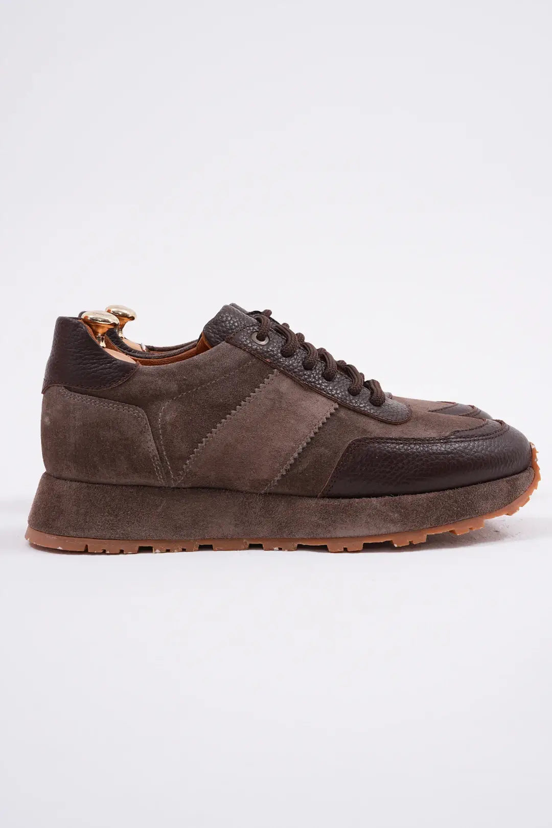 Terrain Rich Brown Suede & Leather Sneaker – side view with the sole showing, highlighting a lightweight EVA sole and a rugged, sophisticated design.