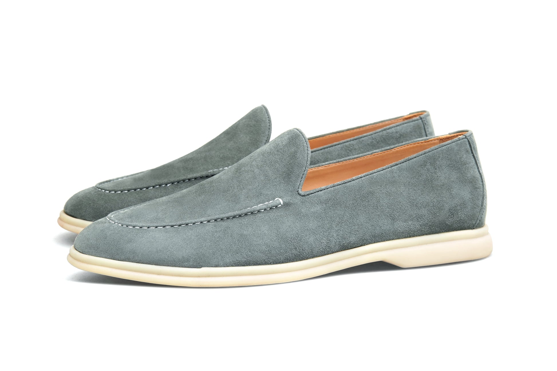 Single sage gray suede Venetian loafer on white background, side profile