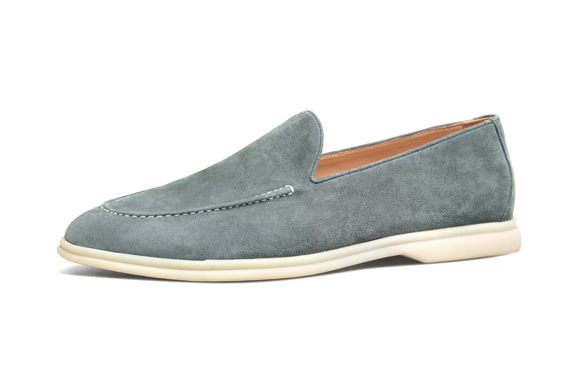 Sage gray suede Venetian loafers on white background, heel and sole view