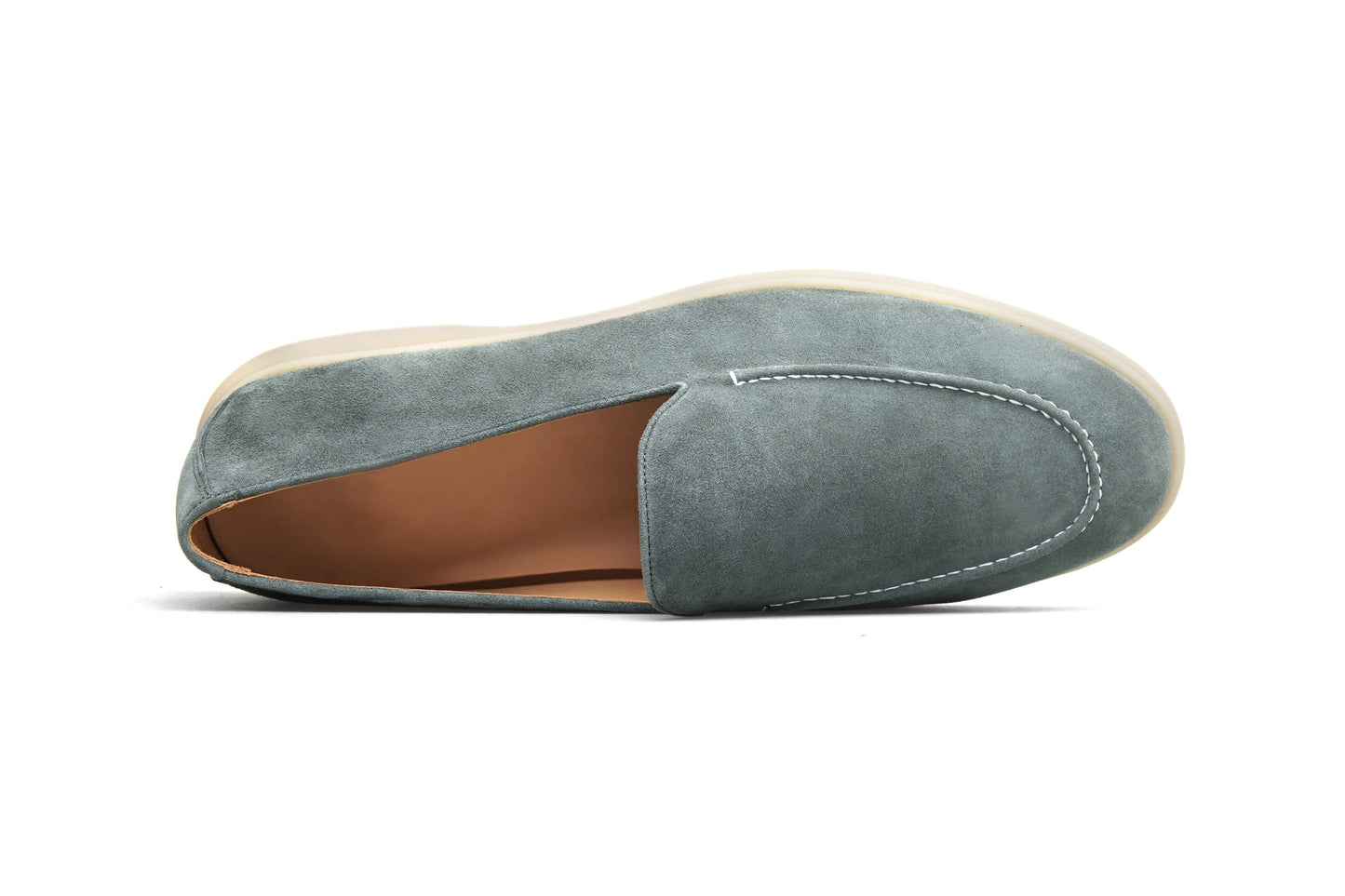 Sage gray suede Venetian loafers on white background, front view