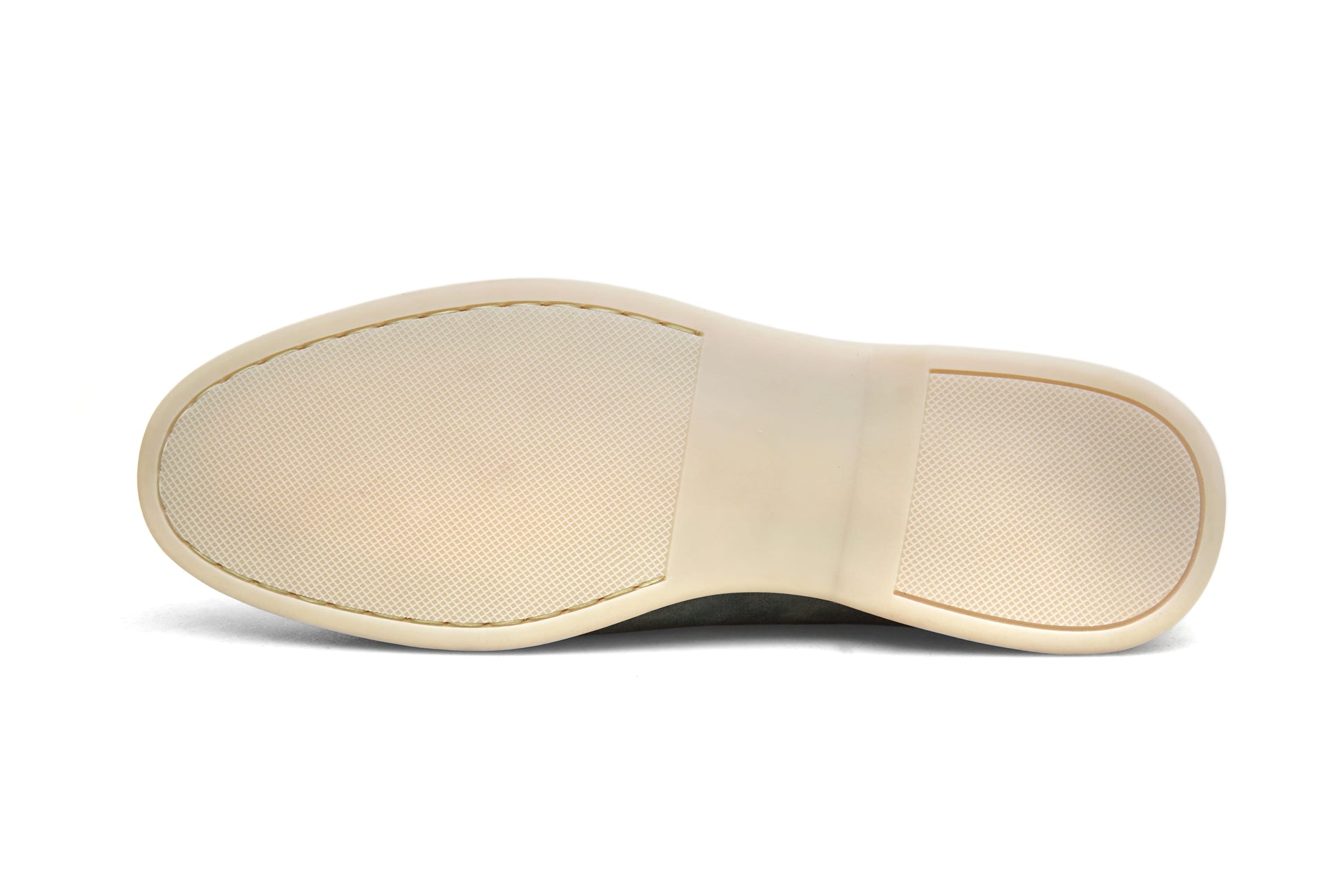 Sage gray suede slip-on loafer on white background, vamp detail