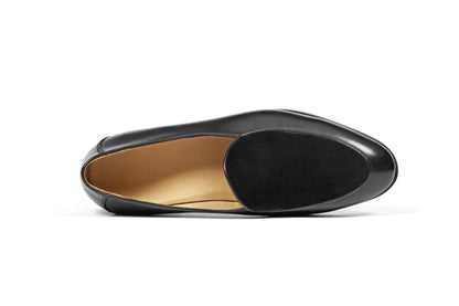 Velvet Crest Black Leather Suede Loafer – top-down view, showcasing the polished top-grain cowhide and velvety suede vamp for refined ease.