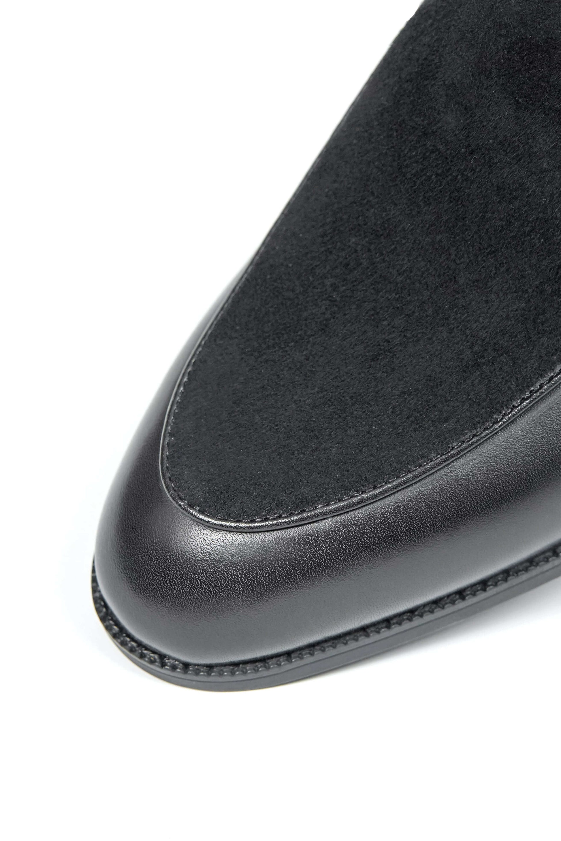 Velvet Crest Black Leather Suede Loafer – close-up of the toe, highlighting the contrast between the polished leather and soft suede vamp.