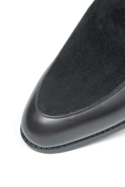 Velvet Crest Black Leather Suede Loafer – close-up of the toe, highlighting the contrast between the polished leather and soft suede vamp.
