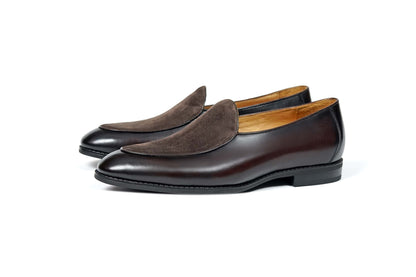 Velvet Crest Brown Leather Suede Loafers – pair on a white background, showcasing the rich brown leather and soft suede for refined ease and modern polish.