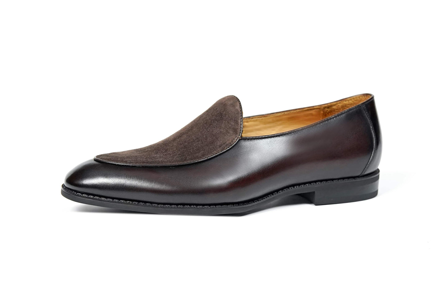 Velvet Crest Brown Leather Suede Loafer – side view on white background, highlighting rich brown leather and subtle texture play of the suede vamp.