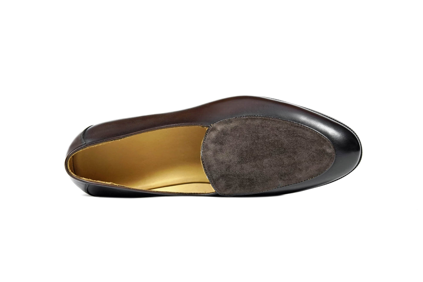 Velvet Crest Brown Leather Suede Loafer – top-down view, showcasing the polished top-grain cowhide and velvety suede vamp for refined ease.
