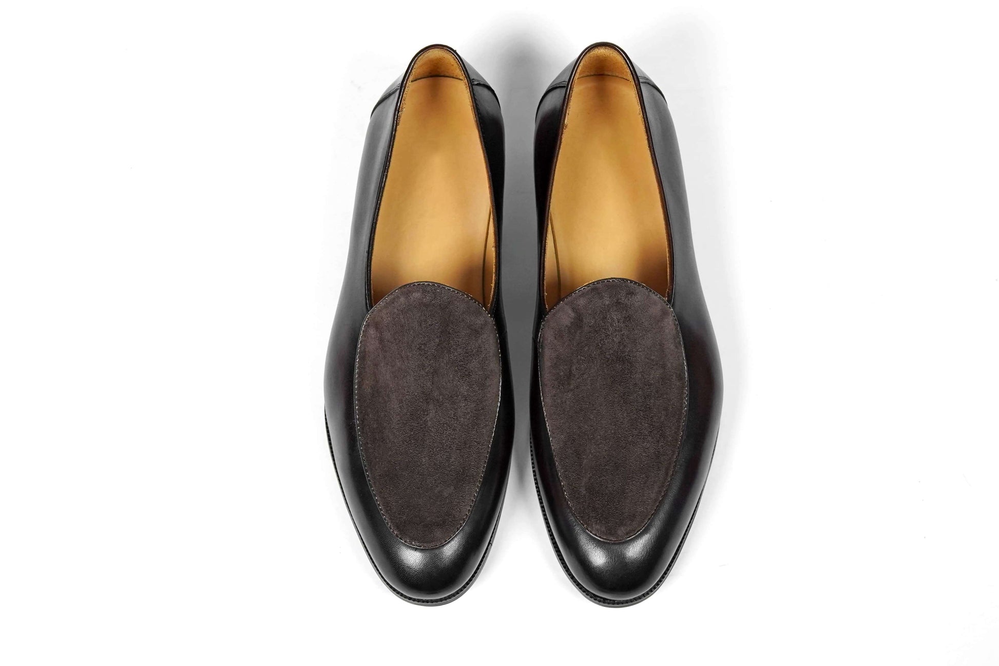 Velvet Crest Brown Leather Suede Loafers – pair on a white background, highlighting the contrast between polished top-grain cowhide and a velvety suede vamp.