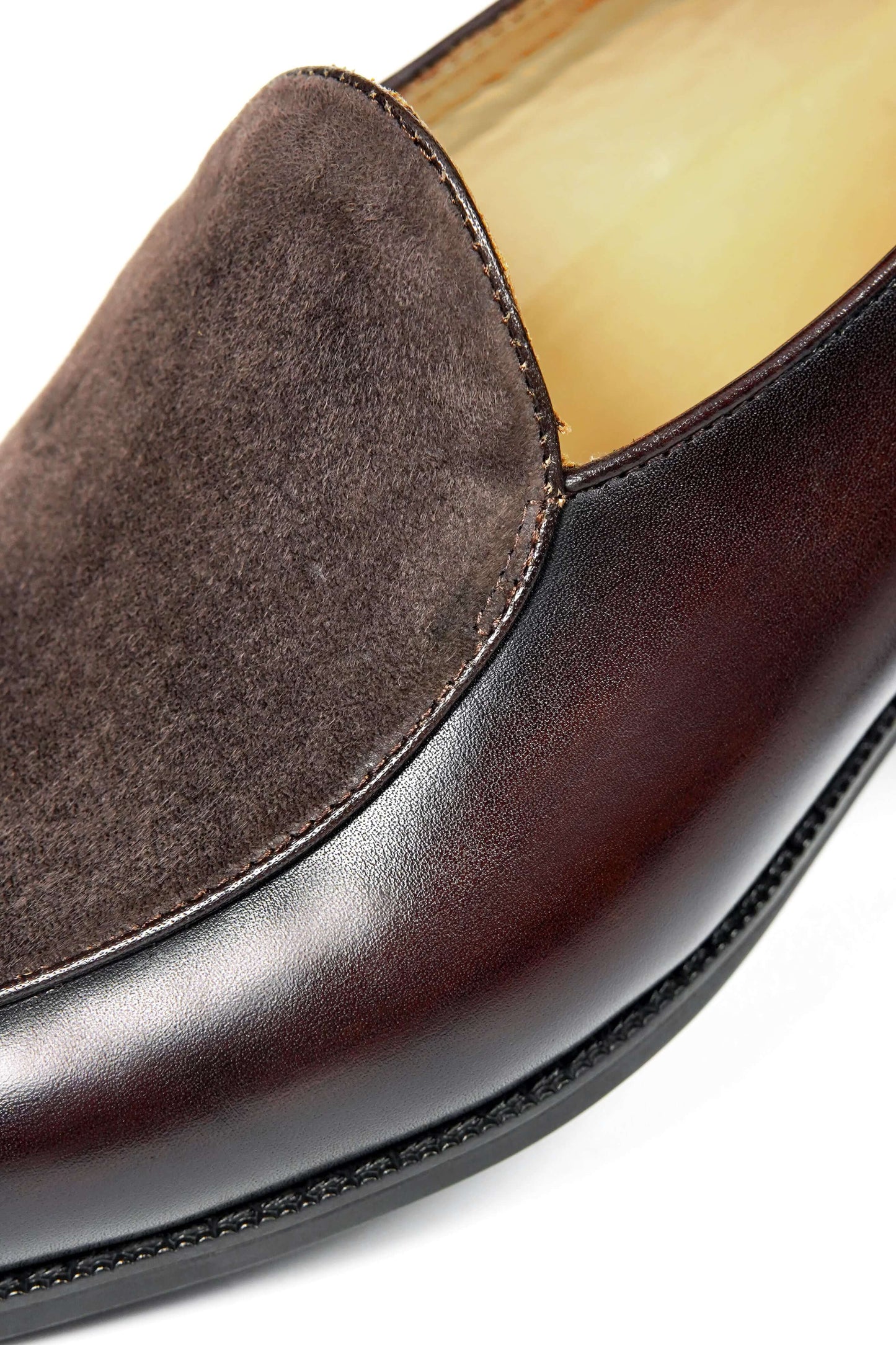 Velvet Crest Brown Leather Suede Loafer – close-up of the polished top-grain cowhide and velvety suede vamp, emphasizing the unique texture play.