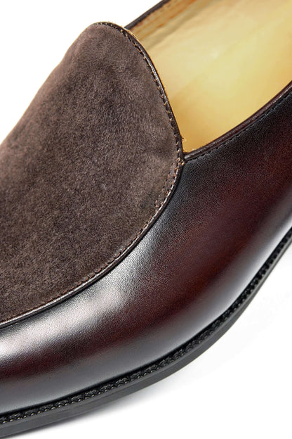 Velvet Crest Brown Leather Suede Loafer – close-up of the polished top-grain cowhide and velvety suede vamp, emphasizing the unique texture play.