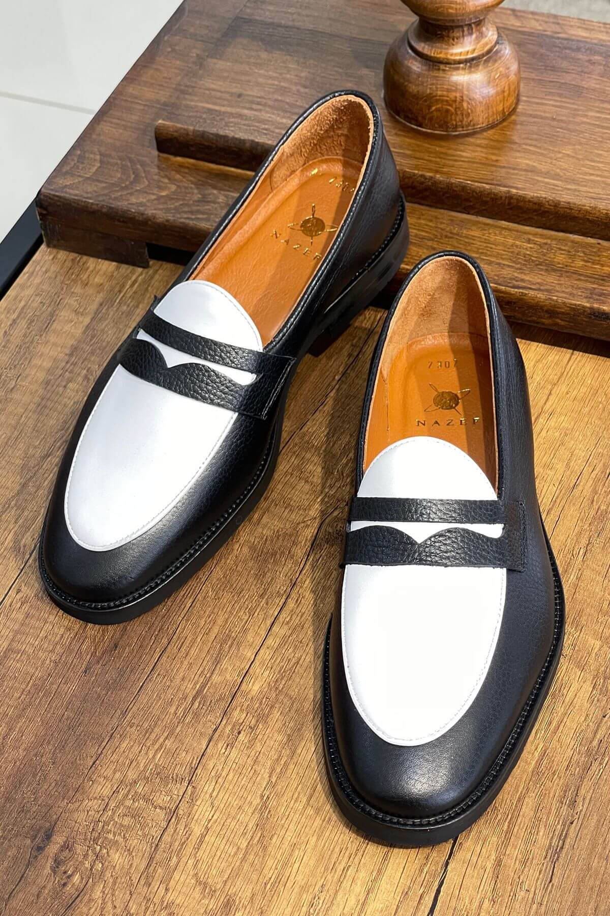 Handcrafted Black and White Two-Tone Calfskin Leather Penny Loafers