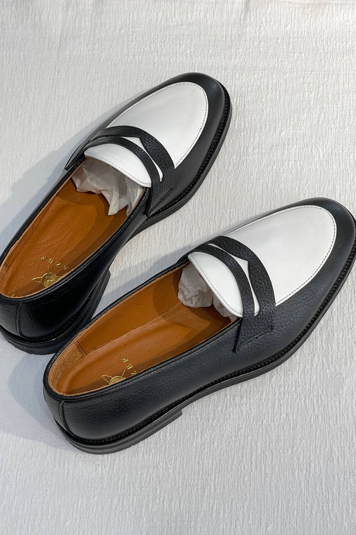 Handcrafted Black and White Two-Tone Calfskin Leather Penny Loafers