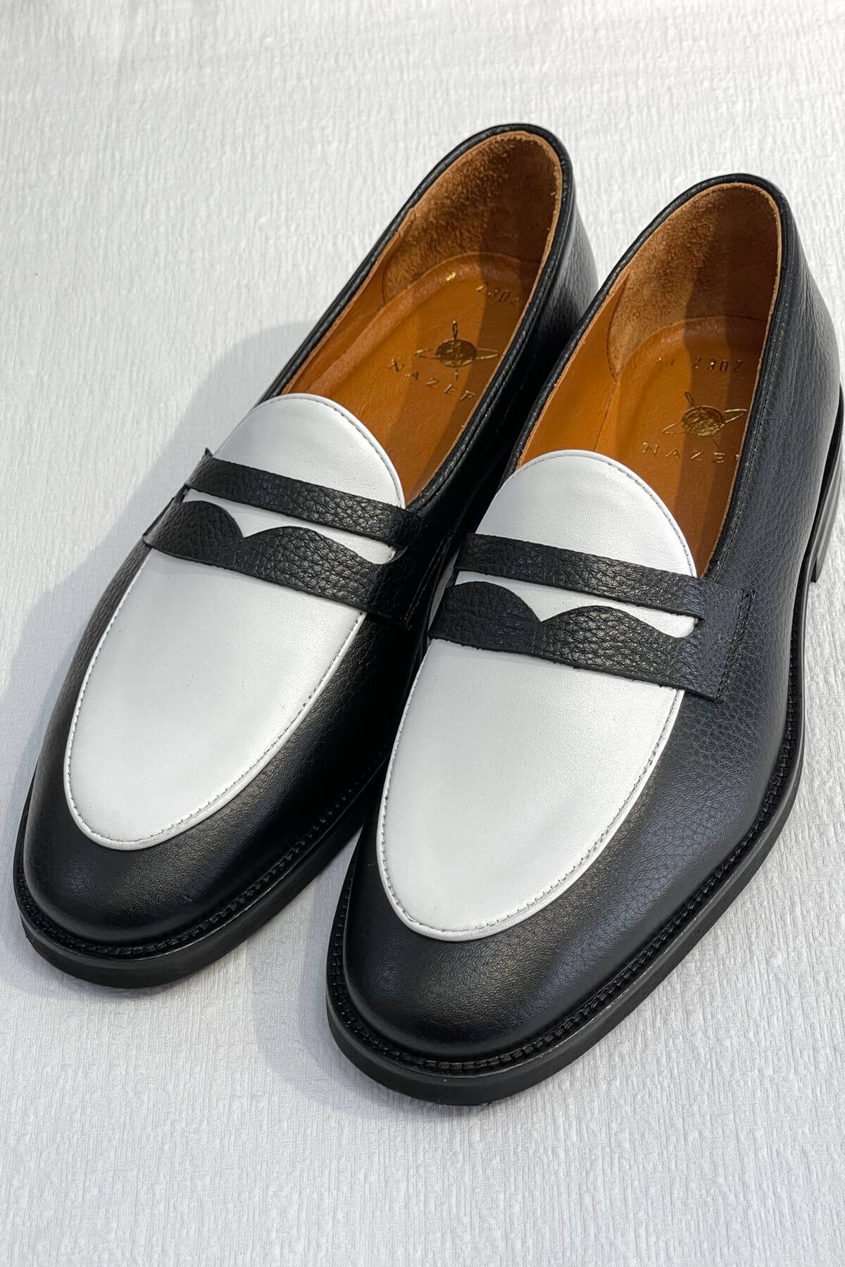Handcrafted Black and White Two-Tone Calfskin Leather Penny Loafers