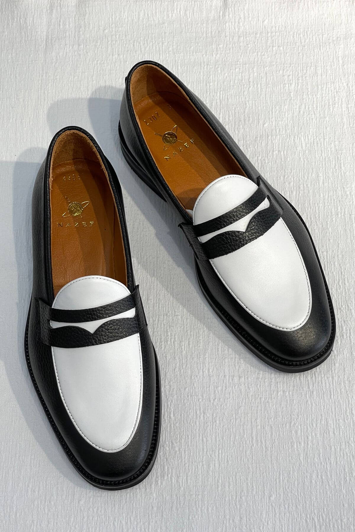 Handcrafted Black and White Two-Tone Calfskin Leather Penny Loafers