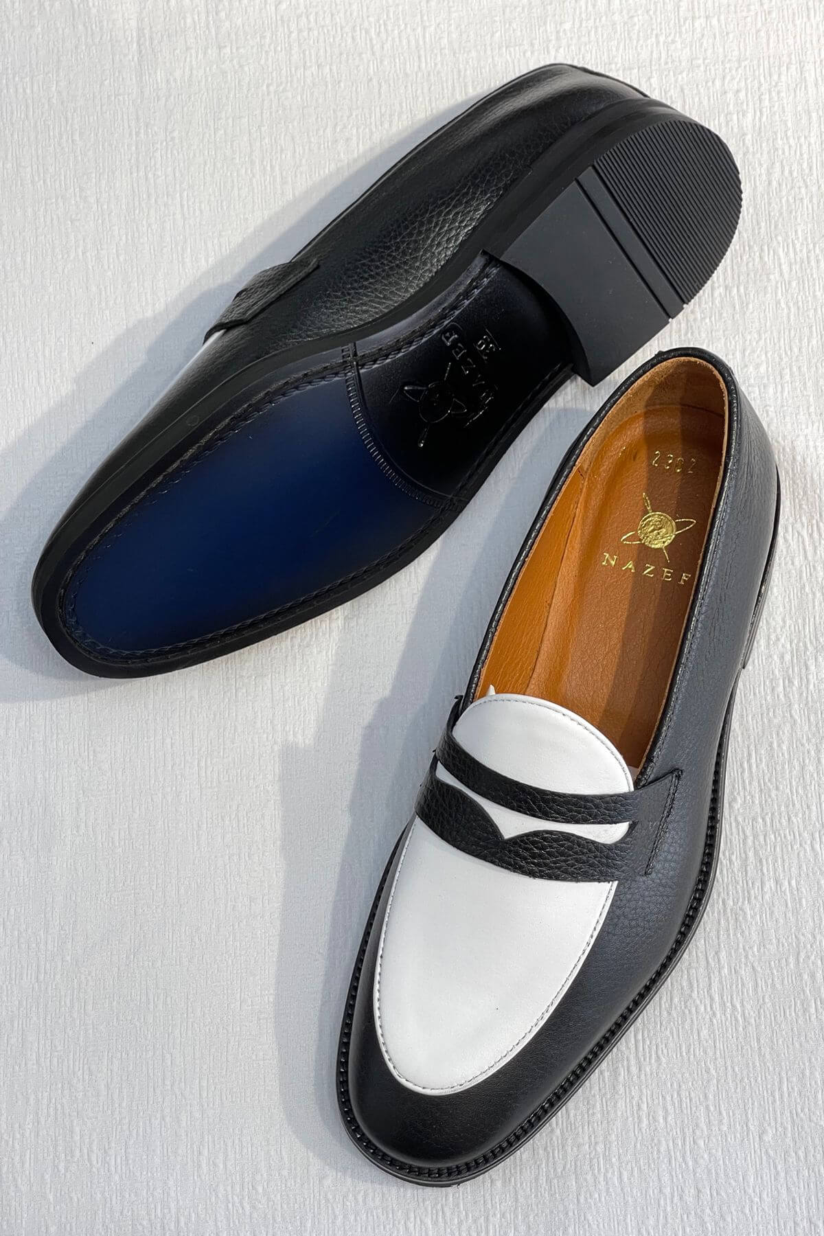 TEHAMA Black and White Two-Tone Men’s Slip-On Loafers Black & White Two-Tone Penny Loafers | HolloShoe main image 3