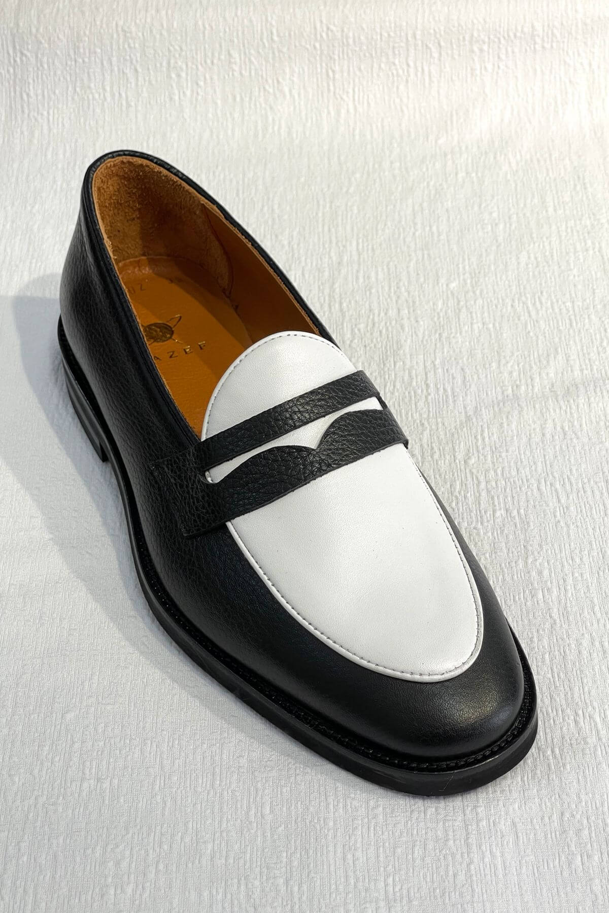 Handcrafted Black and White Two-Tone Calfskin Leather Penny Loafers