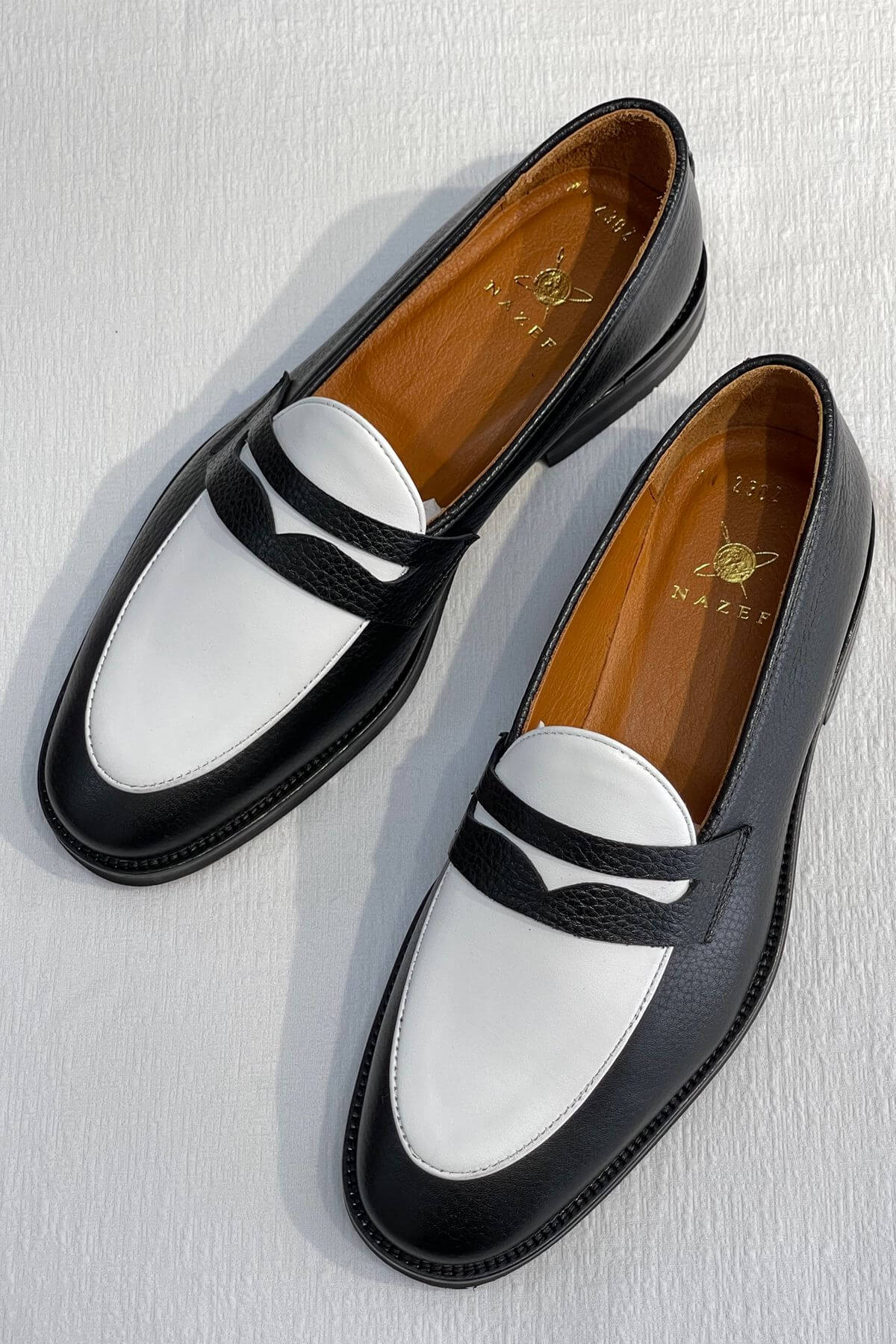 Handcrafted Black and White Two-Tone Calfskin Leather Penny Loafers