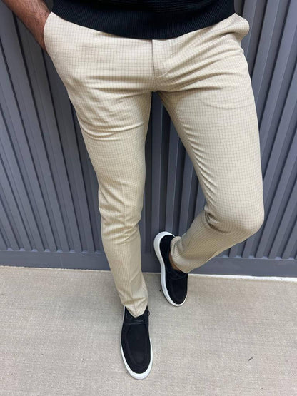 HolloShoe Beige Checkered Slim-Fit Trousers Cotton Blend