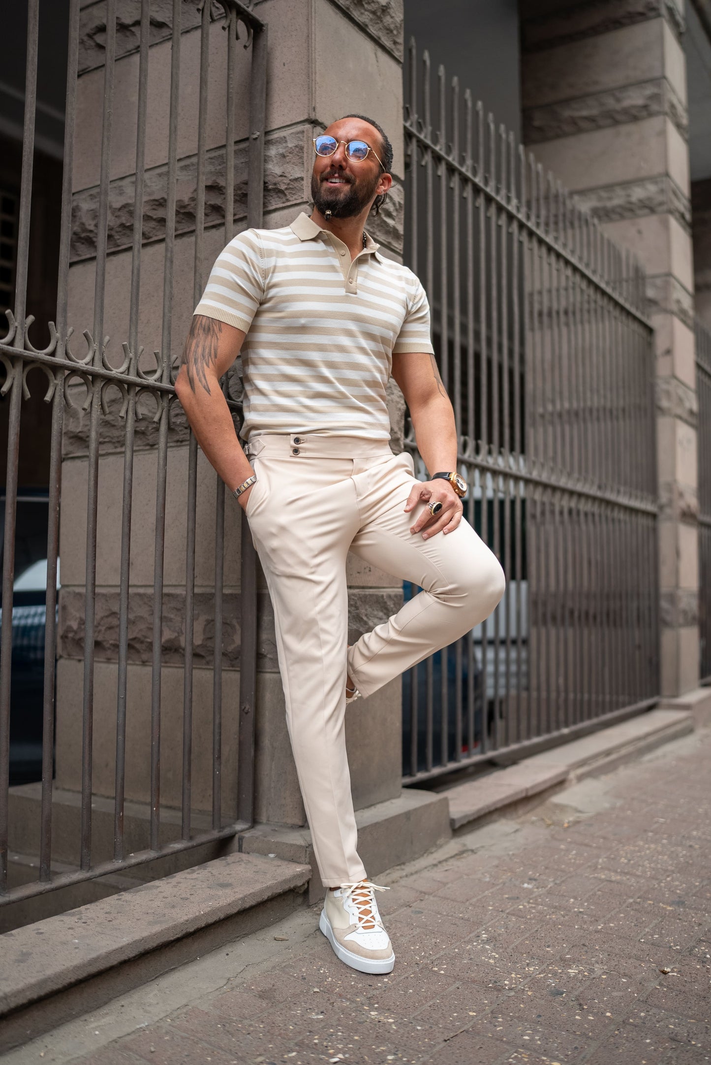 A Slim Fit Beige Gurkha Trousers from Hollomen