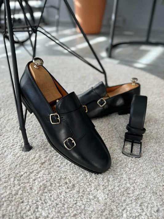 Black Buckled Leather Monk Strap - Hollo Shoe