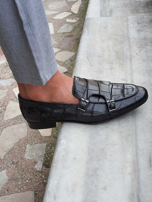 Black Double Monk Strap Leather Shoe - Hollo Shoe