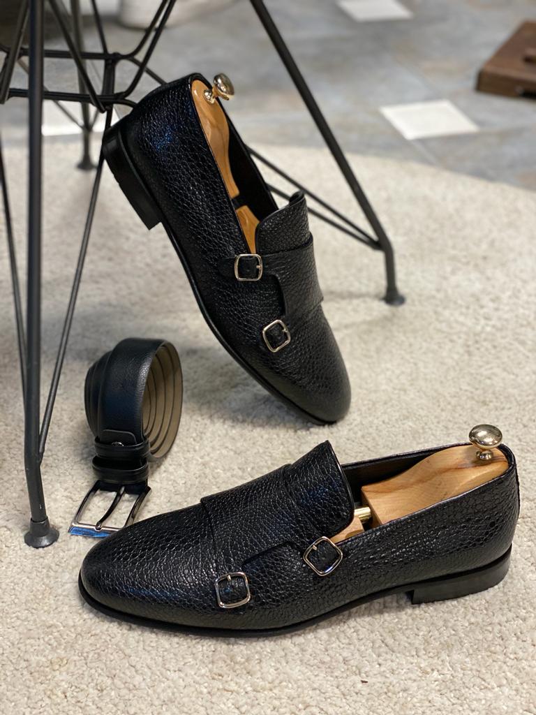 Black Double Monk Strap Shoe - Hollo Shoe