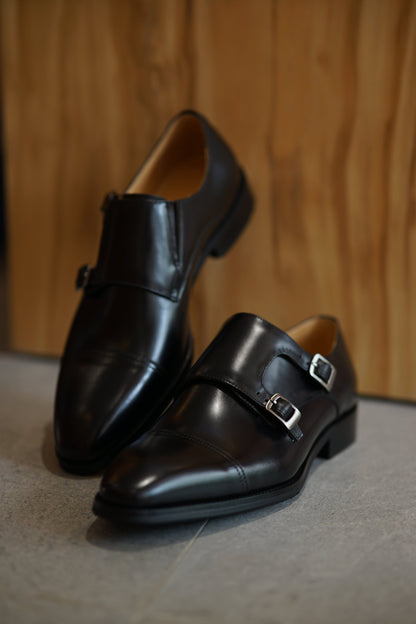 Black Leather Double Monk Strap Shoes with Silver Buckles