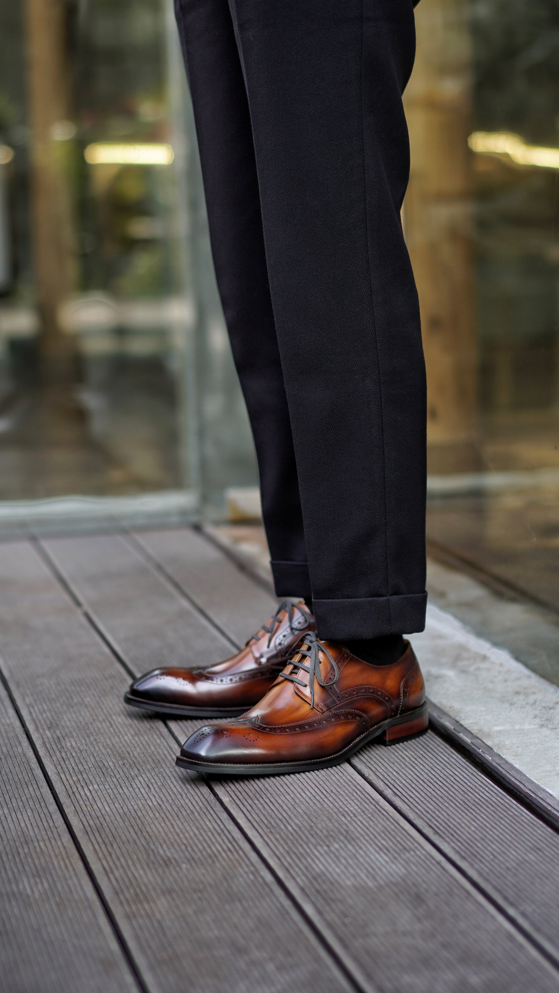 Handmade Brown Wingtip Derby Shoes on display 