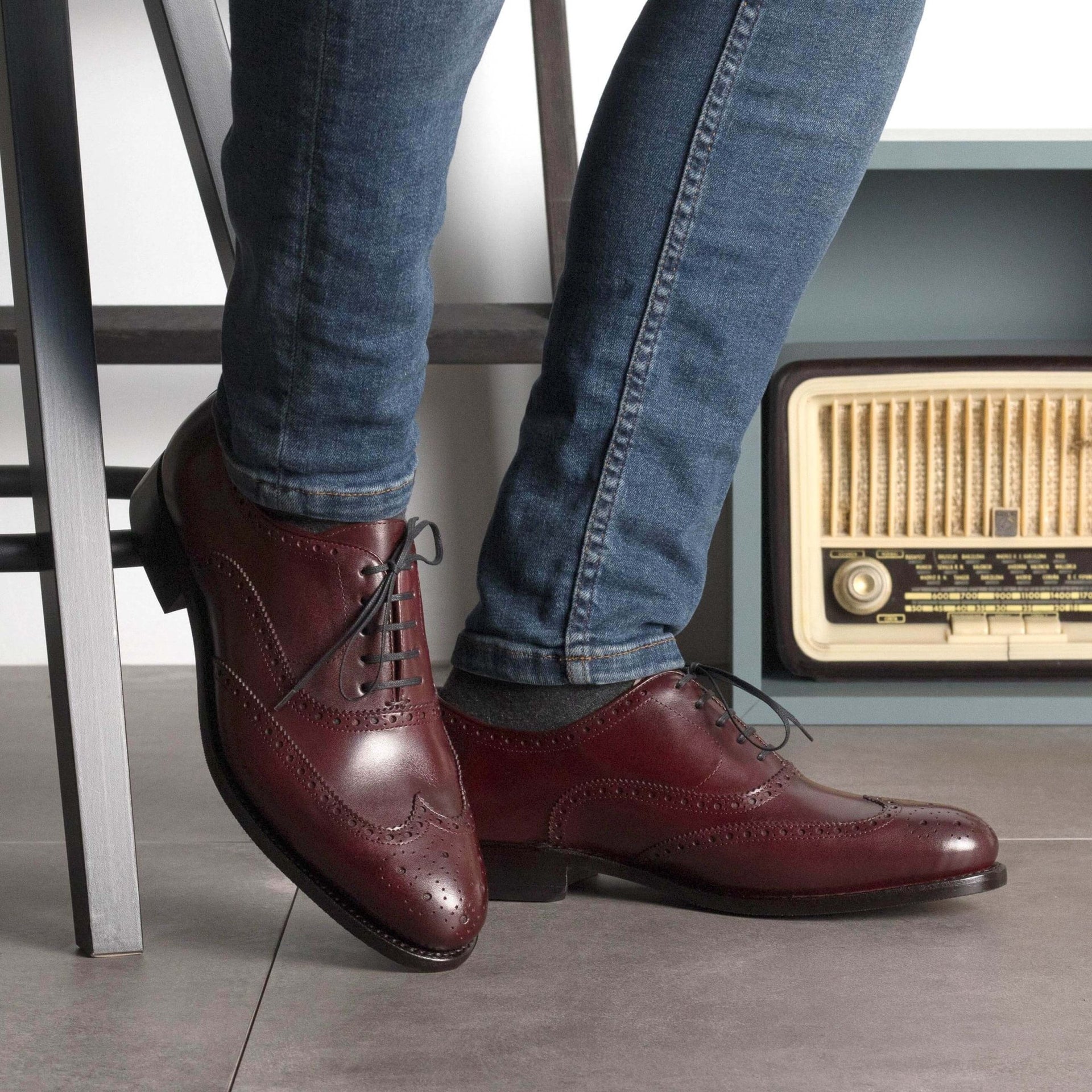 Men's Bespoke Burgundy Full Brogue Oxfords - Customizable Goodyear Welt, Classic Zurigo Last Hollo Shoe Men's Bespoke Burgundy Full Brogue Oxfords - Customizable Goodyear Welt, Classic Zurigo Last Hollo Shoe