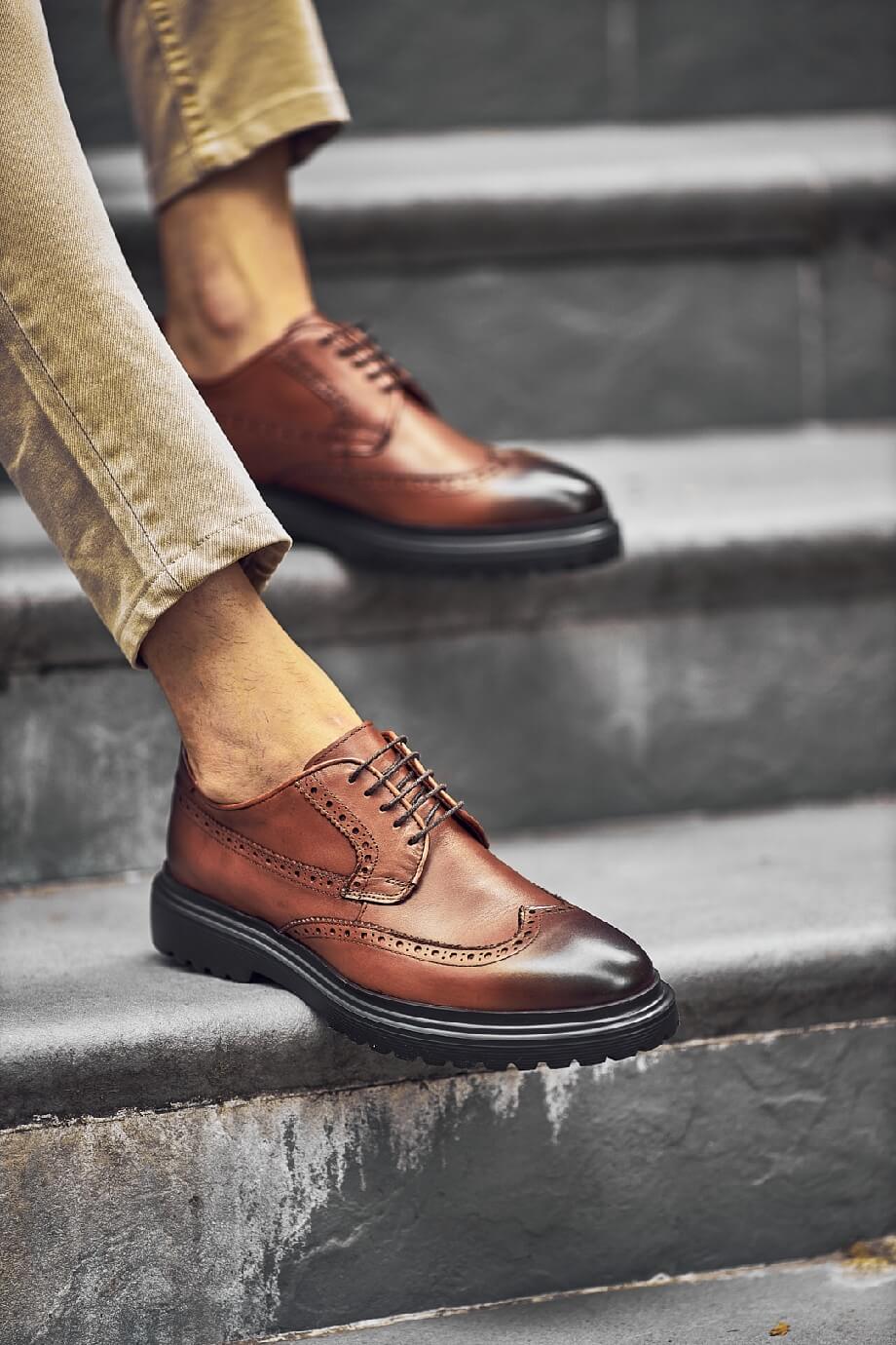 Camel Brogue Derby Shoes - Hollo Shoe