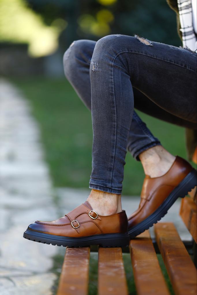 Camel Double Buckled Monk Strap - Hollo Shoe