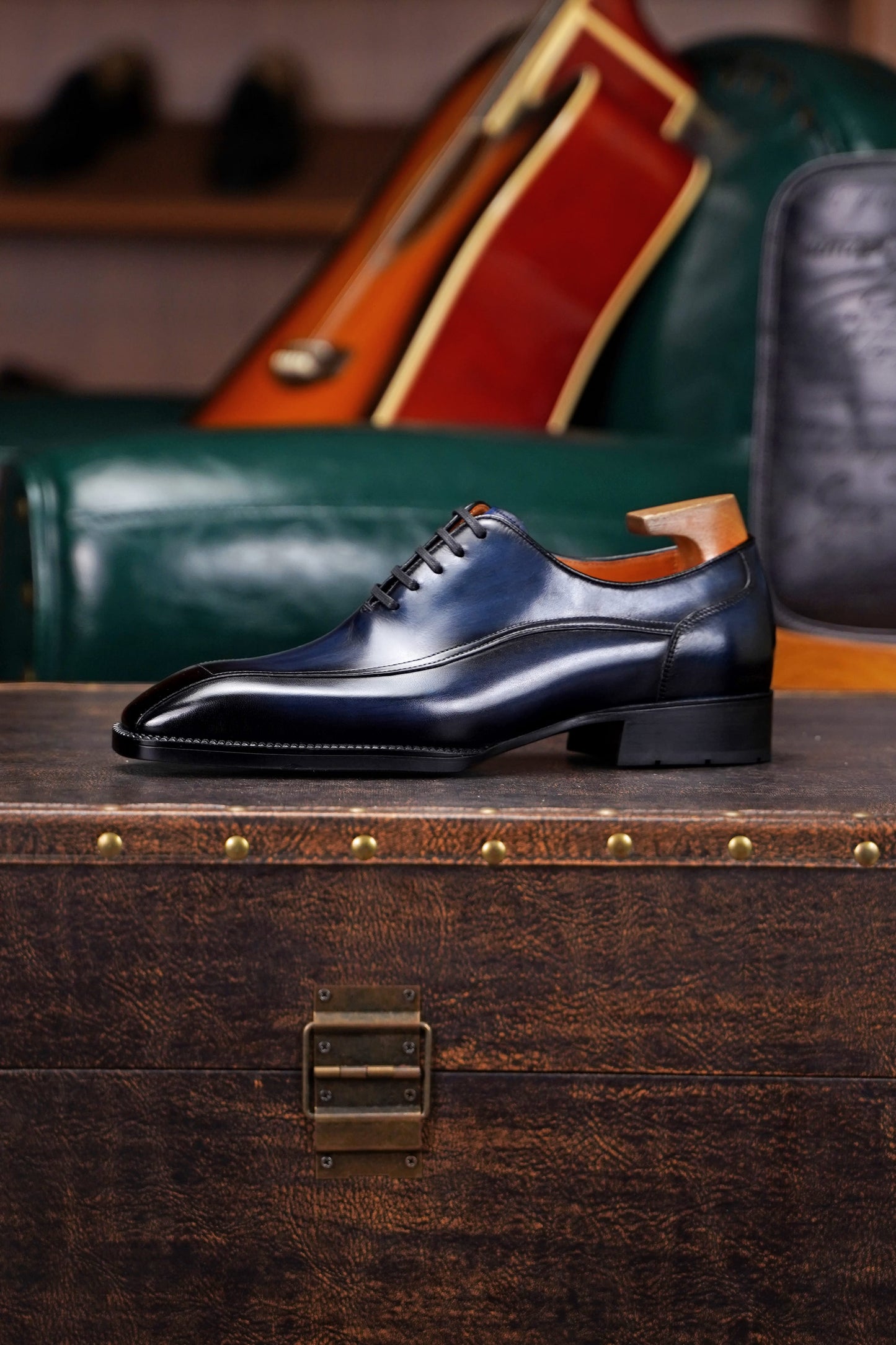 Cannes Chiseled Square-Toe Oxford — Patina Navy Leather