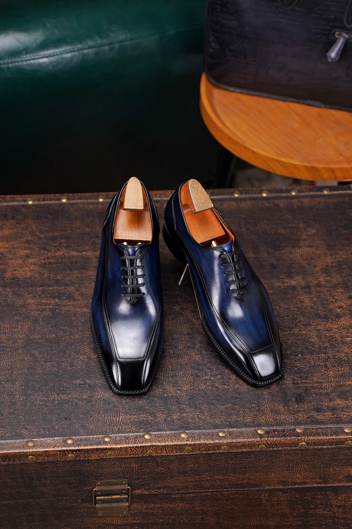 Cannes Chiseled Square-Toe Oxford — Patina Navy Leather