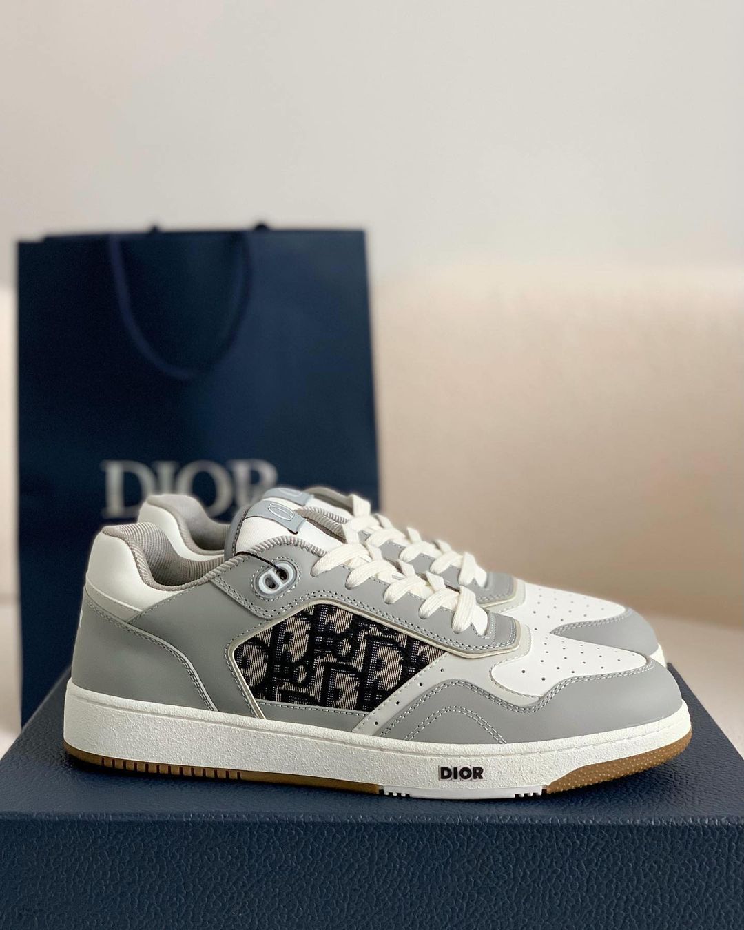 Dior B27 Low-Top Sneaker Grey and White Smooth Calfskin with Black