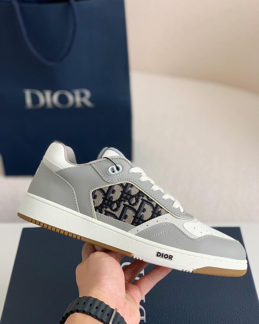 Dior B27 Low-Top Sneaker Grey and White Smooth Calfskin with Black