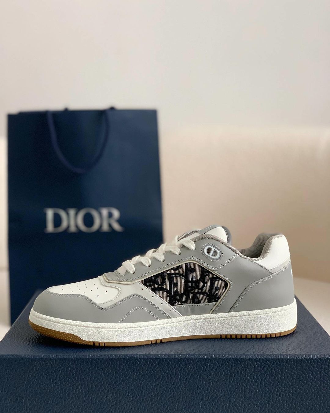 Dior B27 Low-Top Sneaker Grey and White Smooth Calfskin with Black