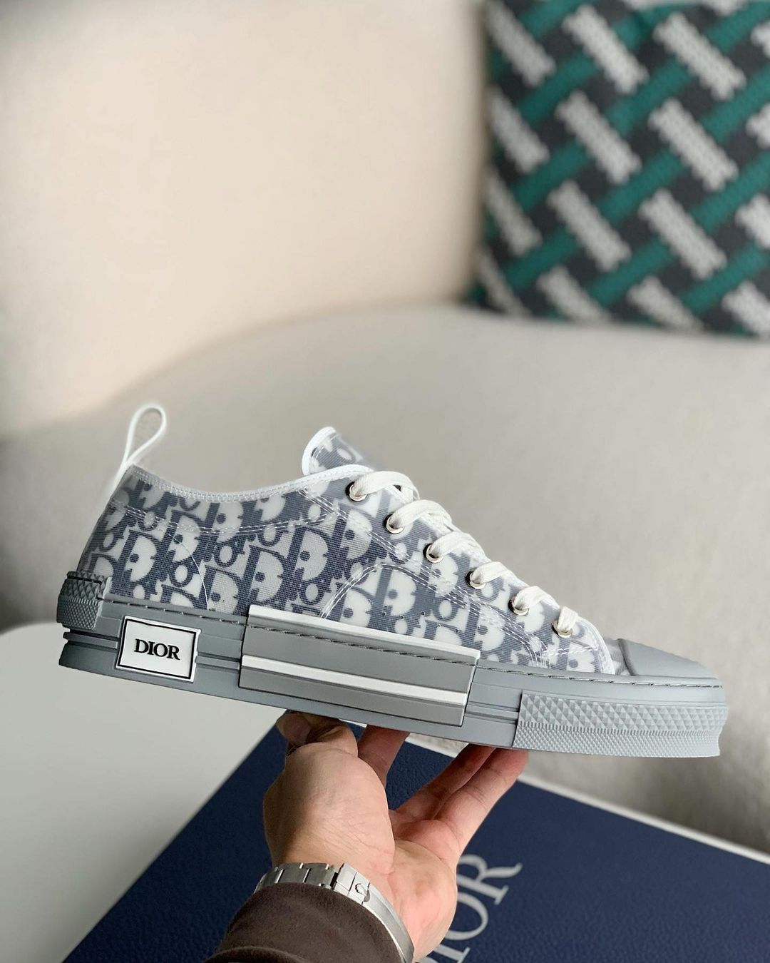 Dior B23 Low-Top Sneaker in White & Gray Dior Oblique Transparent