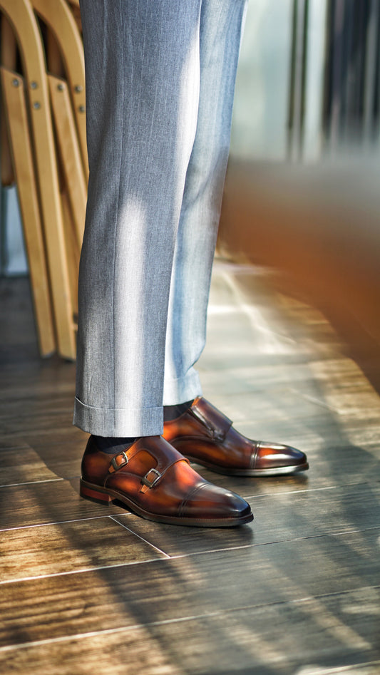 Classic Double Monk Strap Shoes in a Rich Cognac Brown