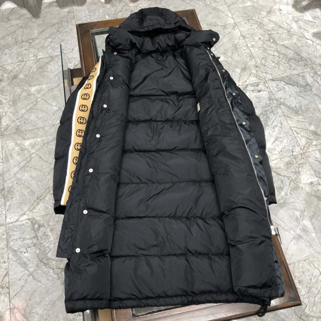 Gucci Black GG Jacquard Long Hooded Down Parka Coat - Logo Sleeve Stripe