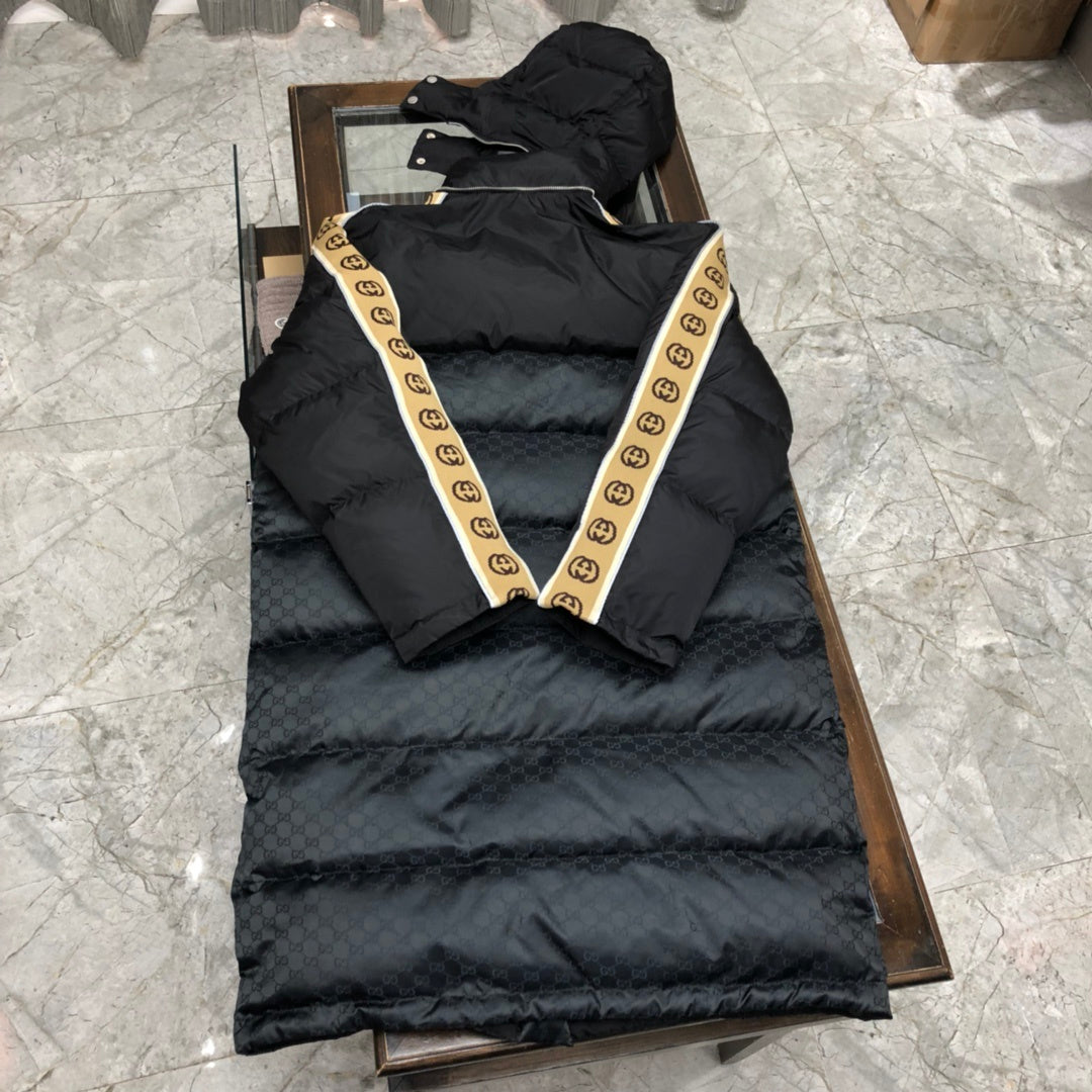 Gucci Black GG Jacquard Long Hooded Down Parka Coat - Logo Sleeve Stripe