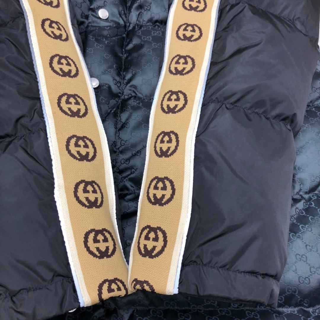 Gucci Black GG Jacquard Long Hooded Down Parka Coat - Logo Sleeve Stripe