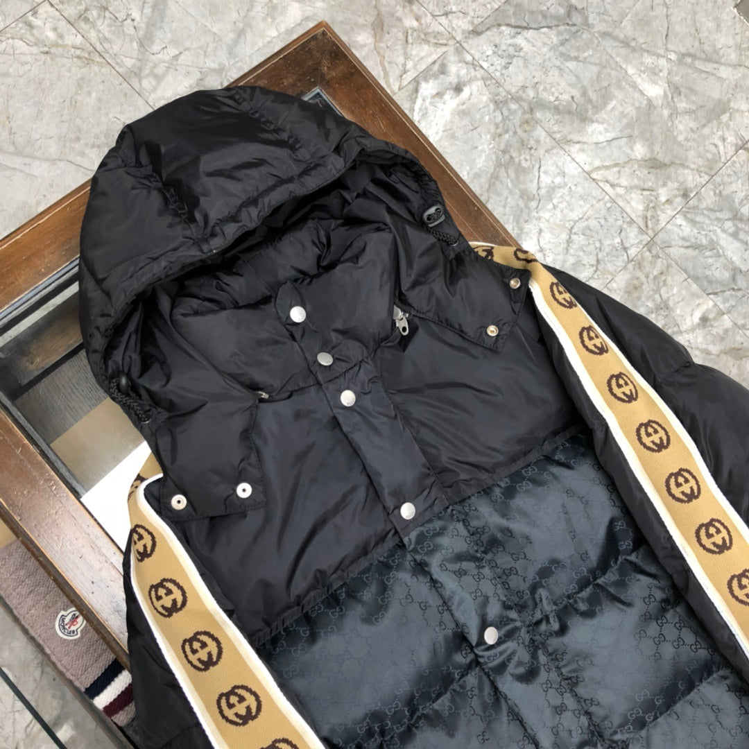 Gucci Black GG Jacquard Long Hooded Down Parka Coat - Logo Sleeve Stripe
